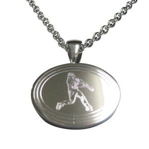 Etched Oval Baseball Player Pendant Necklace